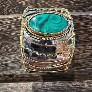 Handcrafted 2in Wide Cuff Bracelet, Malachite Green Stone, Mixed Metals, Adjust